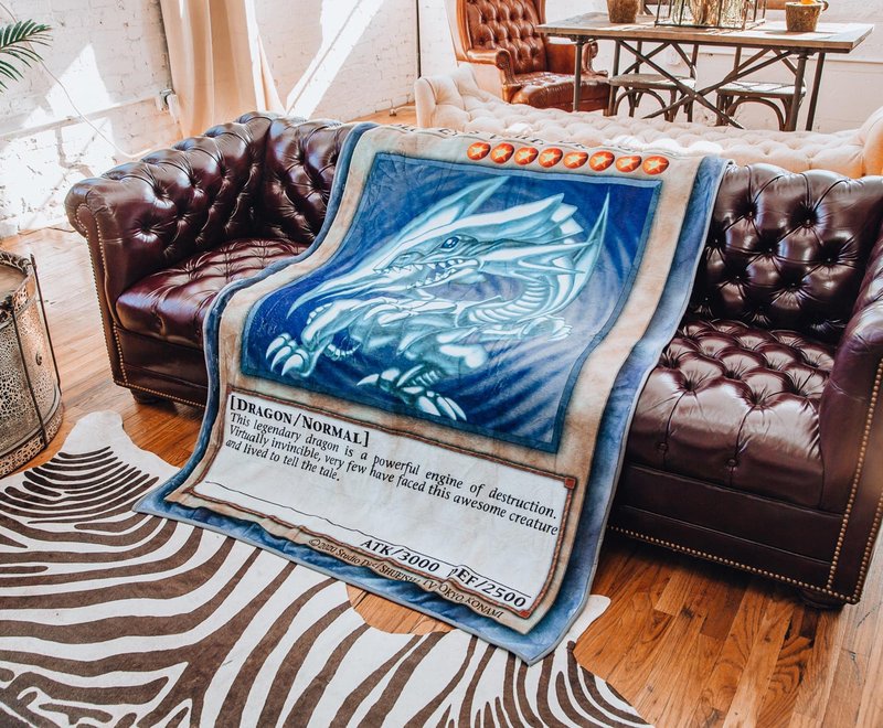 Yu-Gi-Oh! Blue-Eyes White Dragon Card Fleece Throw Blanket | Anime Plush Soft Cover for Sofa, Bed | 45 x 60 Inches