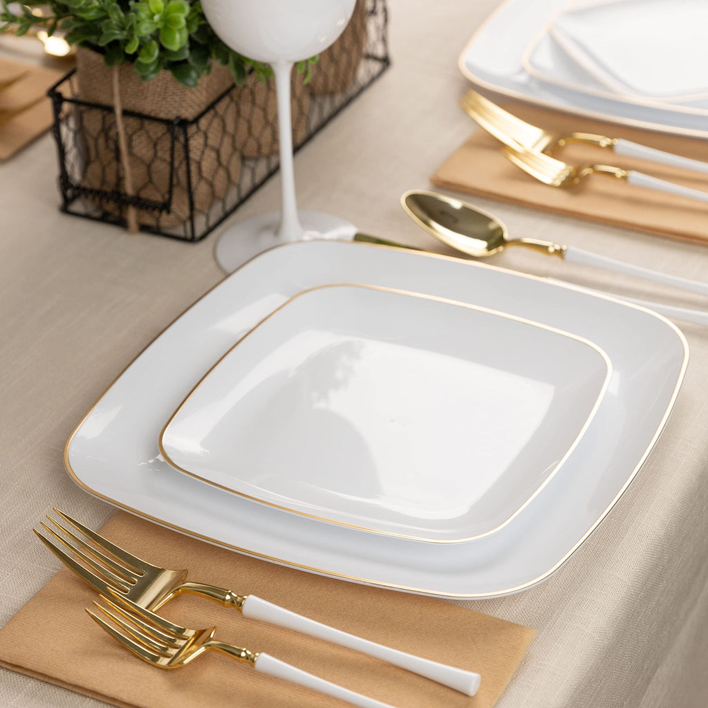 PLASTICPRO Square 128 Piece Combo Plates Set includes 64 x 7'' inch Plates & 64 x 10'' inch Dinner Plates White Plastic Gold Rim Design Party Plates, Premium heavyweight Elegant, Dishes,