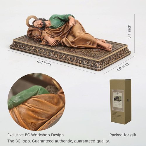 Buildclassic Saint Joseph Statue - Hand-Painted Religious Decor with Case Base & Metal Halo | 8.8" L