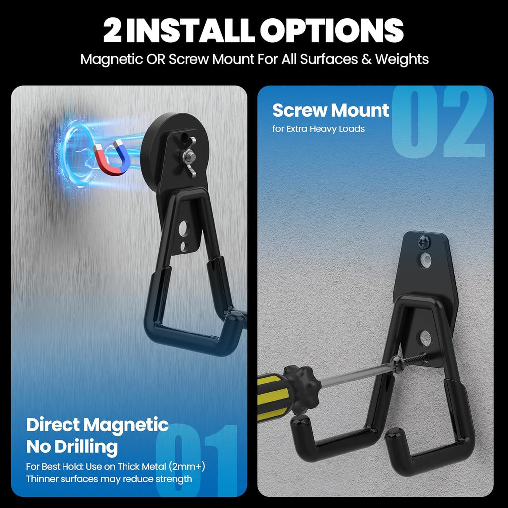 Skiennix Heavy Duty Magnetic Hooks - Extra Strong NdFeB Garage Storage Holders | 2 Pcs with Anti-Slip Coating