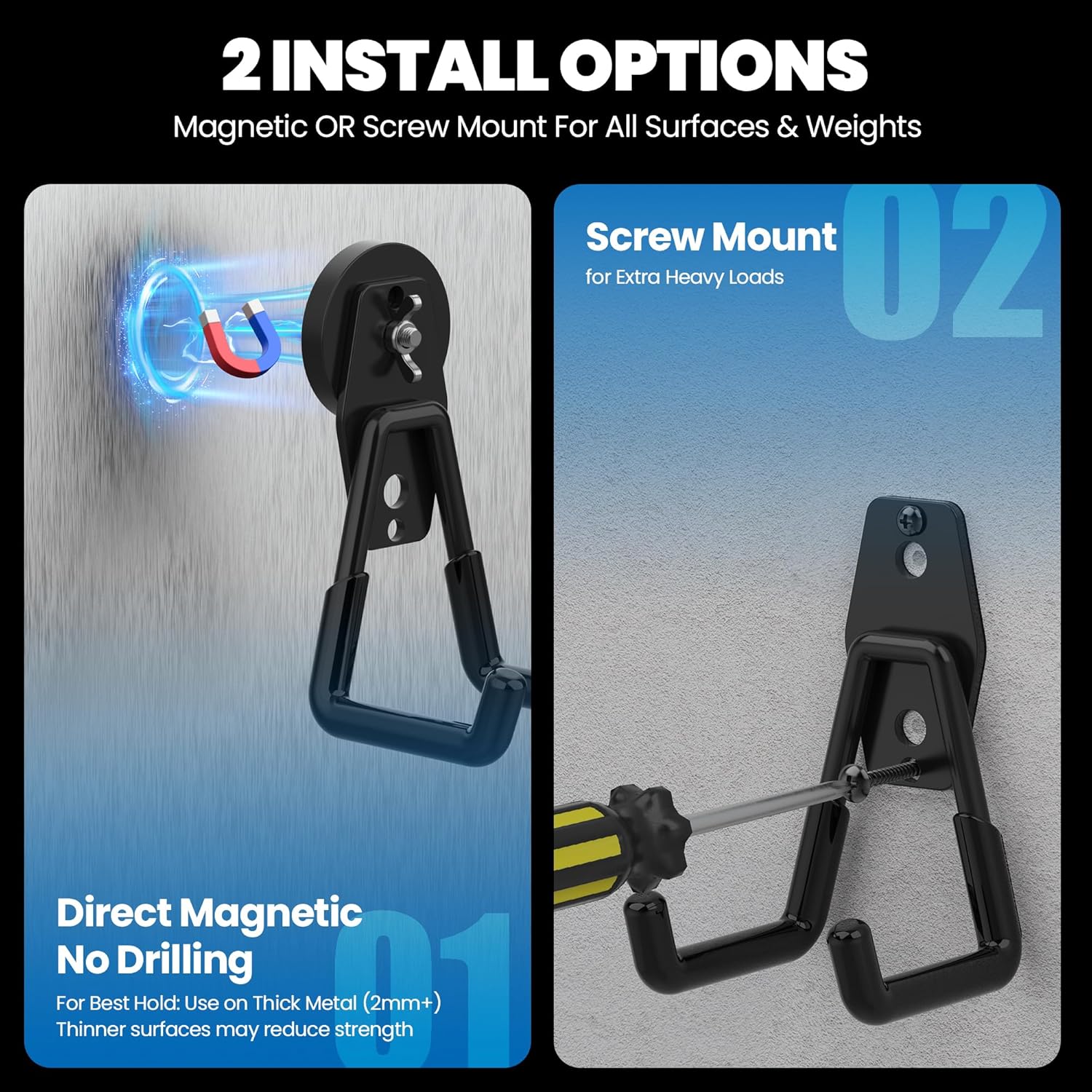 Skiennix Heavy Duty Magnetic Hooks - Extra Strong NdFeB Garage Storage Holders | 2 Pcs with Anti-Slip Coating
