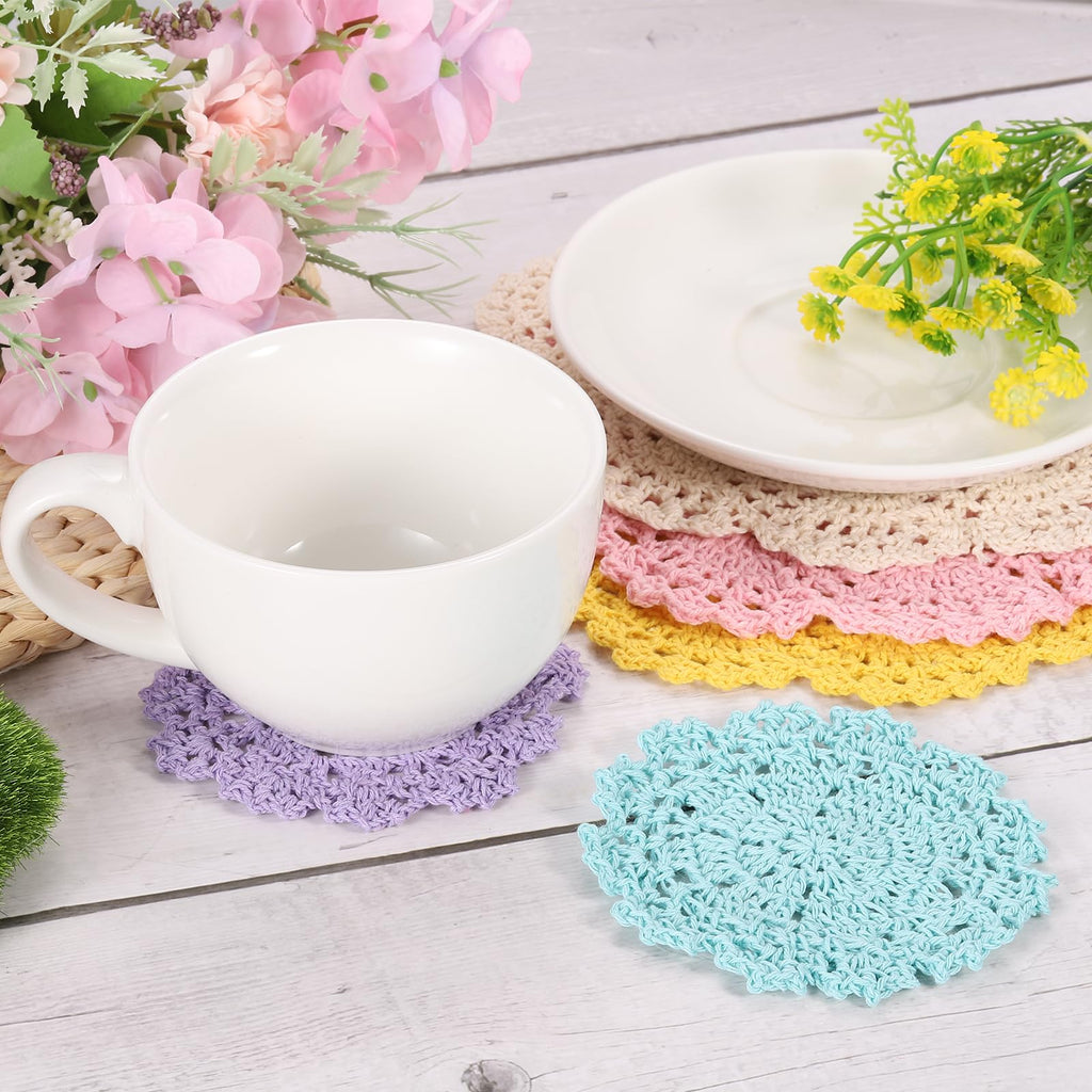 uxcell Crochet Doilies, 4Pcs 8" - Handmade Crochet Cotton Coaster, Round Lace Placemats with Floral Patterns for Wedding Party Decoration (Light Purple)