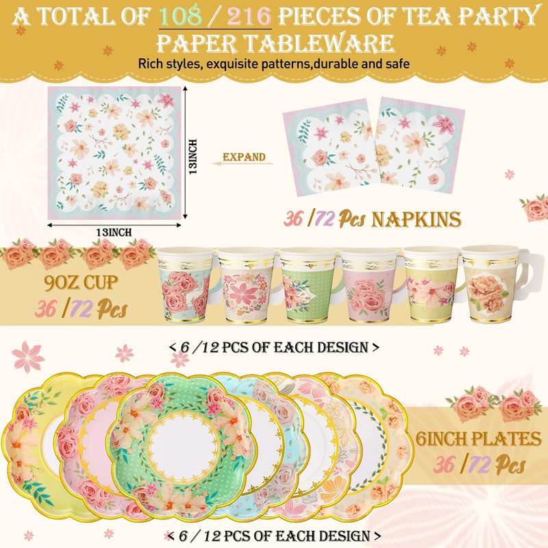 Yungyan 108 Pcs Tea Party Plates and Napkins Sets Serve 36 Guests Floral Disposable Tea Party Supplies Paper 6" Plates and Napkins and 9 oz Cups with Handle for Garden Spring Birthday Wedding