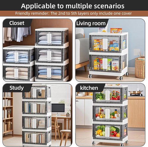 Folding Storage Organizer - Heavy-Duty Plastic Bin with Clear Door | Stackable Design, 3 Sizes (19.5/23.5/27.5in) in Black/White