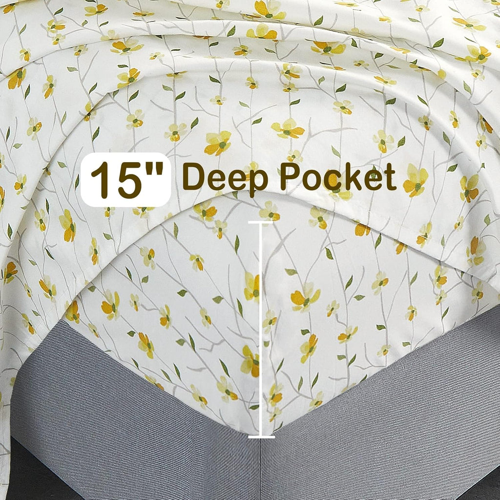 Softan Yellow Floral Queen Size Bed Sheets - 4 Piece Soft Microfiber Set with 15" Deep Pocket & Corner Straps