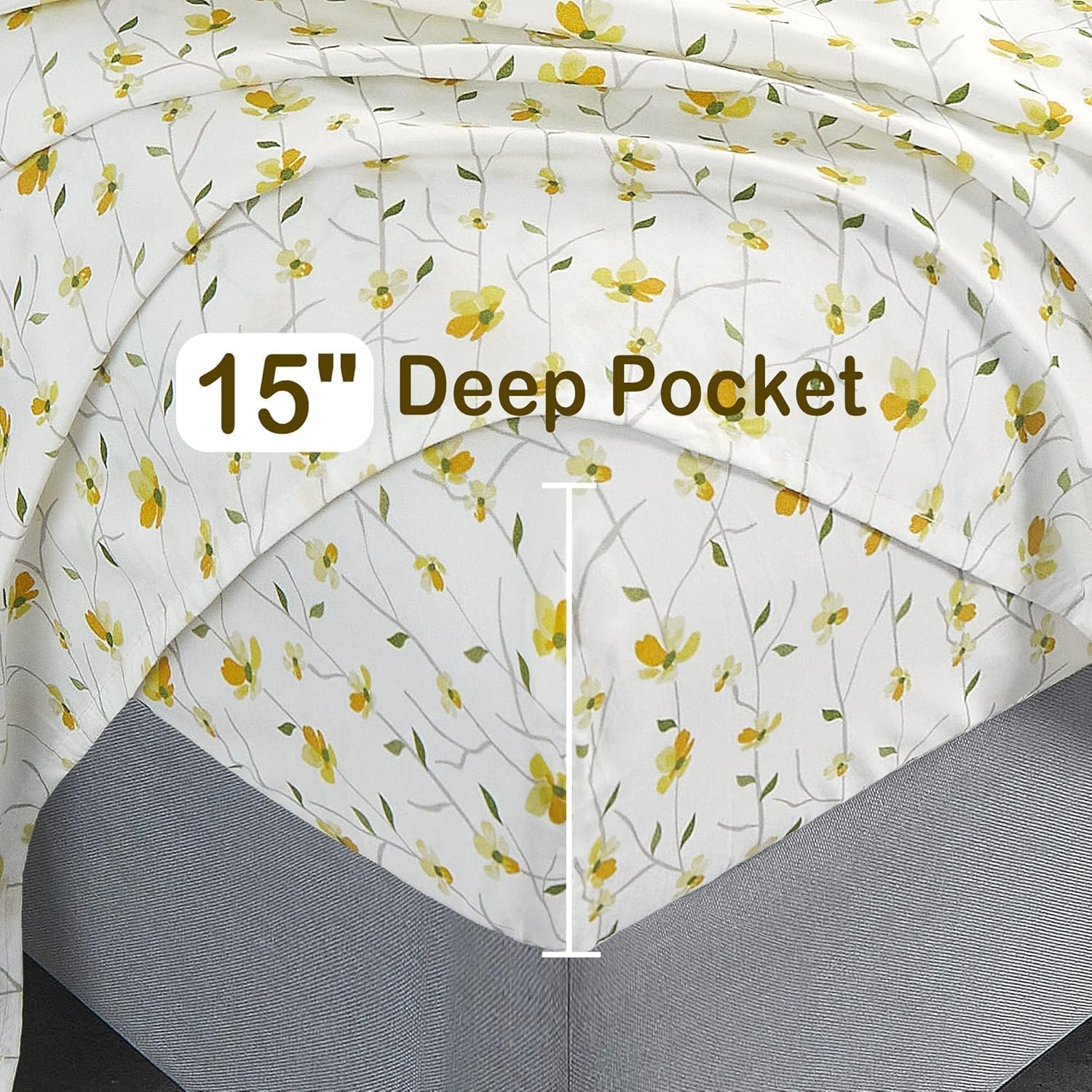 Softan Yellow Floral Queen Size Bed Sheets - 4 Piece Soft Microfiber Set with 15" Deep Pocket & Corner Straps