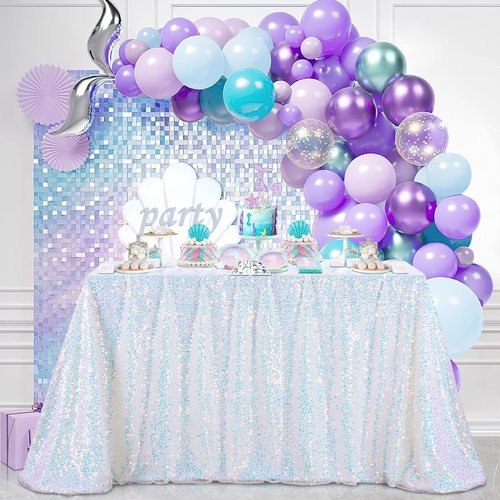 MoKoHouse Iridescent Tablecloth 52x120 inch White Sequin Table Cloth Glitter Table Cover Birthday Wedding Baby Shower Christmas Halloween Mermaid Ocean Theme Party Decoration