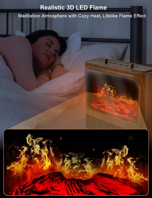 Electric Fireplace Heater with 3D Realistic Flame, Humidifier, Thermostat, Safety Protection, Remote Control, Timer, Electric Space Heater, 1500W/750W Portable Fireplace Heater for Indoor Use