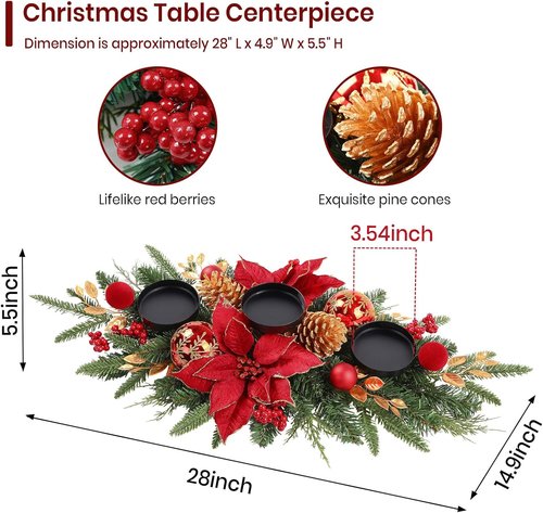 Alupssuc 28" Christmas Centerpiece - Elegant Candle Holder Tray with Baubles & Pine Cones for Holiday Decor