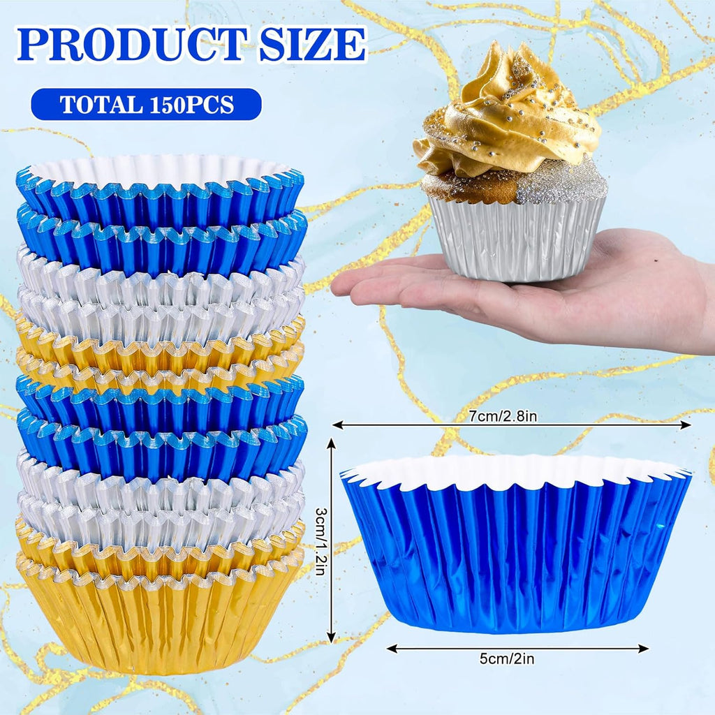 Whaline Graduation Foil Cupcake Liners - 150Pcs Blue Silver Gold Metallic Baking Cups for Parties