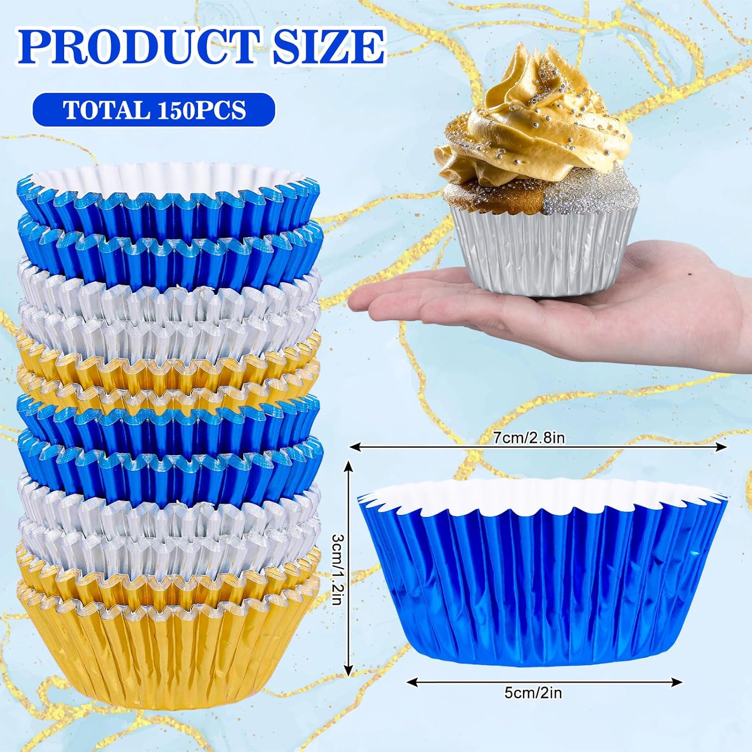 Whaline Graduation Foil Cupcake Liners - 150Pcs Blue Silver Gold Metallic Baking Cups for Parties