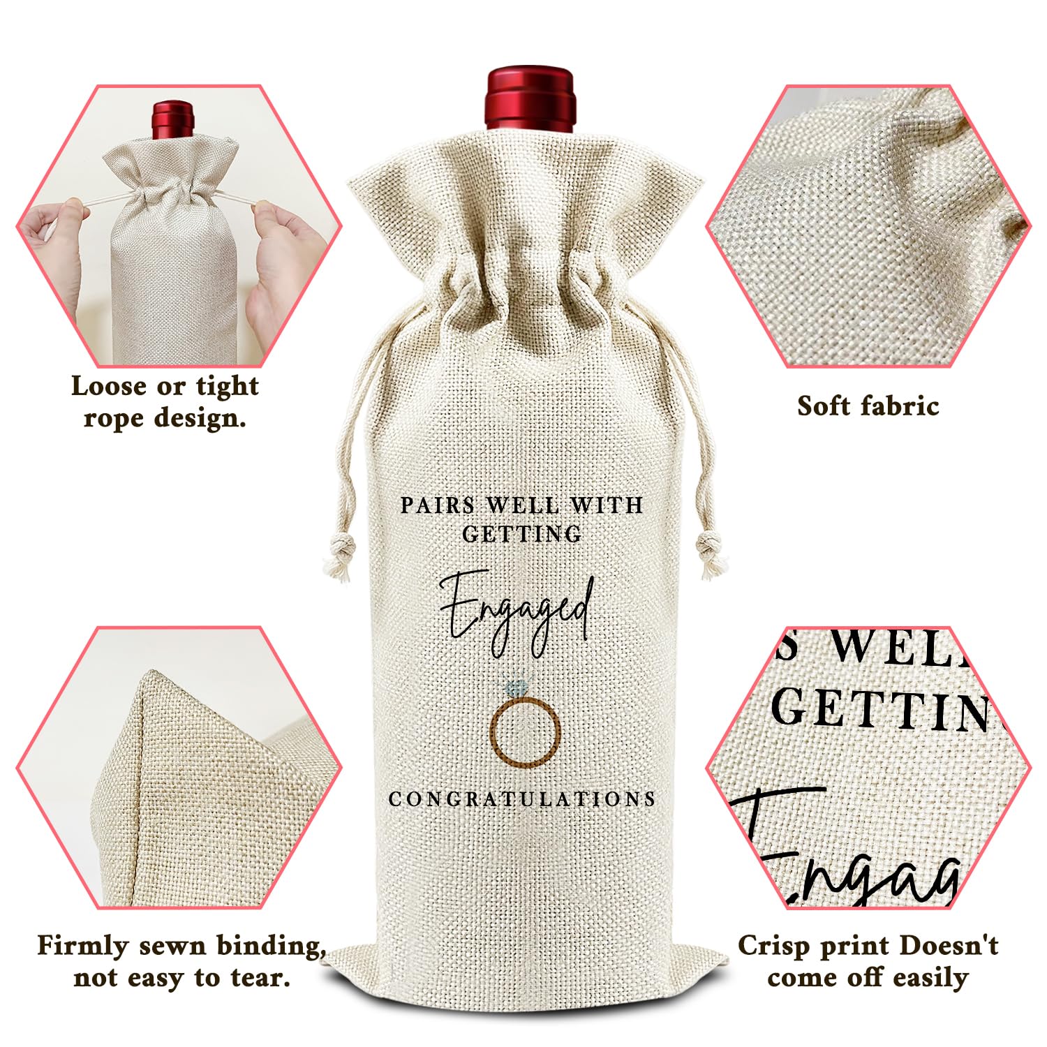 DOIUCRO Pairs Well with Getting Engaged - Gifts for Couples Wine Bags, 1 PC Reusable Drawstring Burlap Wine Bottle Bags, Engagement Gifts for Bride Groom, Wine Accessories Engagement Party Favors -06
