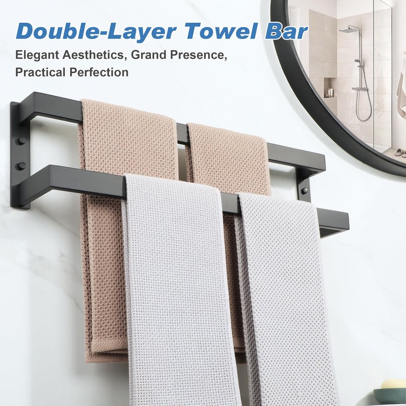 Alise Double Towel Bar, 24" Towel Racks for Bathroom Wall Mounted SUS304 Stainless Steel, Heavy Duty Bathroom Towel Holder, Quick Drying Towel Hanger, Matte Black