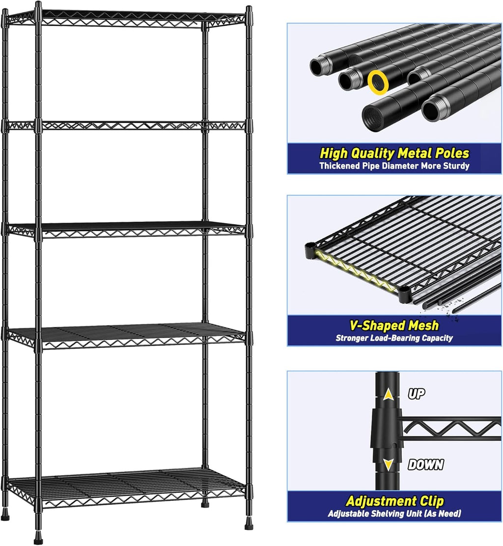 Romorgniz 5-Tier Adjustable Metal Shelving Unit - 1010LBS Capacity for Kitchen, Pantry, and Laundry | 59.4" H x 21.5" W x 13.6" D