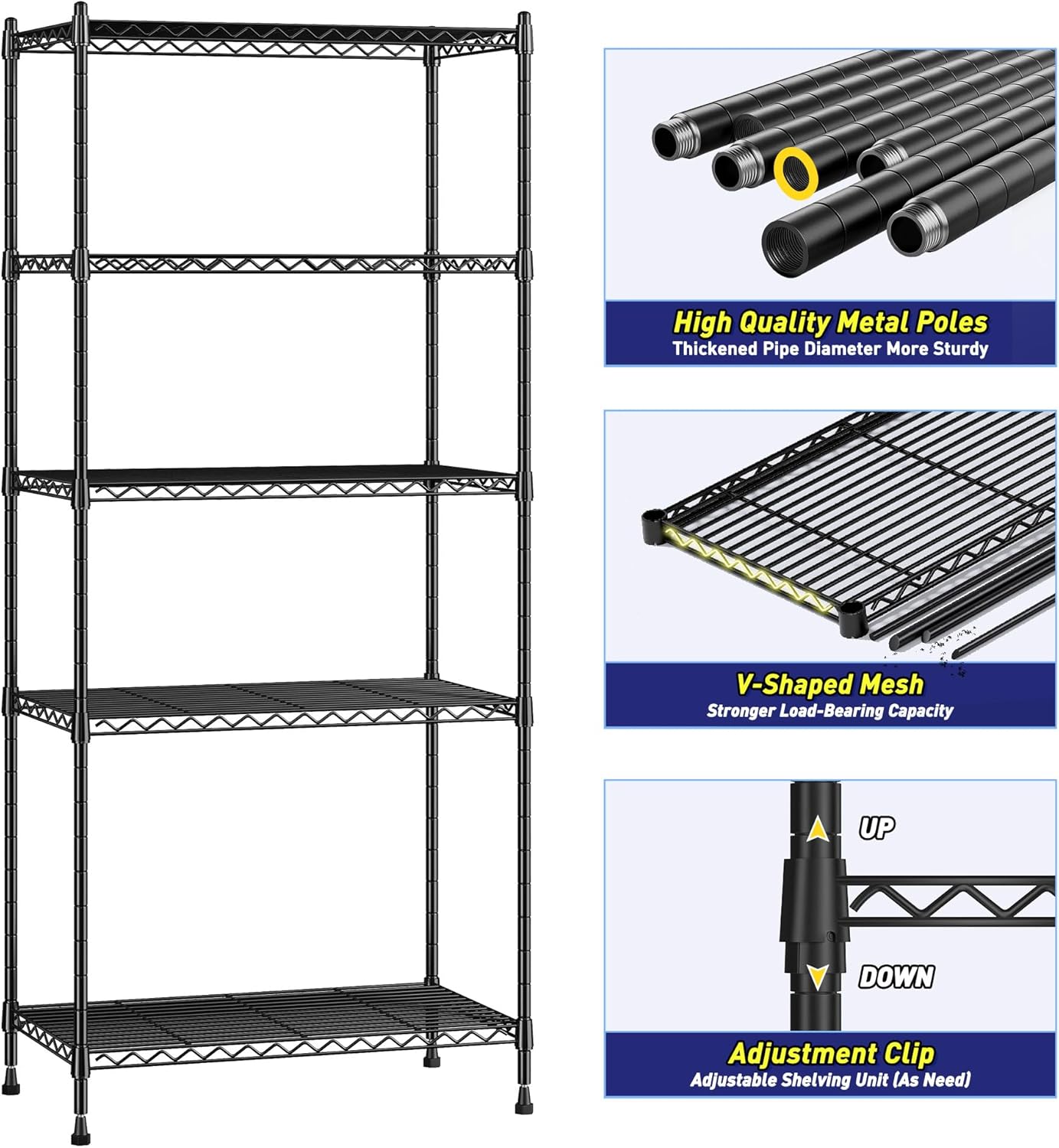 Romorgniz 5-Tier Adjustable Metal Shelving Unit - 1010LBS Capacity for Kitchen, Pantry, and Laundry | 59.4" H x 21.5" W x 13.6" D