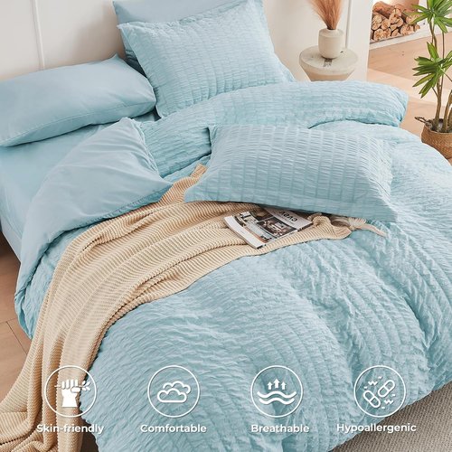 HYMOKEGE Twin XL Comforter Set - Luxury 5-Piece Seersucker Bedding in Lake Blue for All Seasons