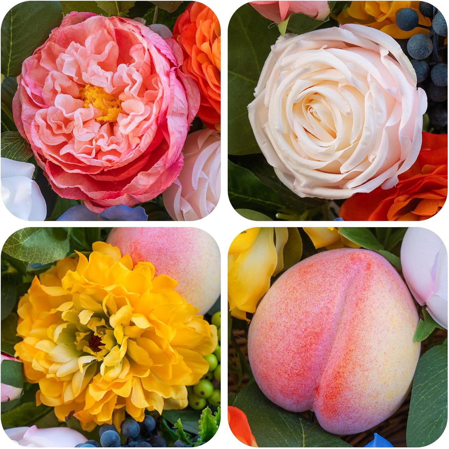 Pinkpuii 24-Inch Spring Wreath - Vibrant Peonies, Roses & Realistic Fruit Accents for Front Door Decor