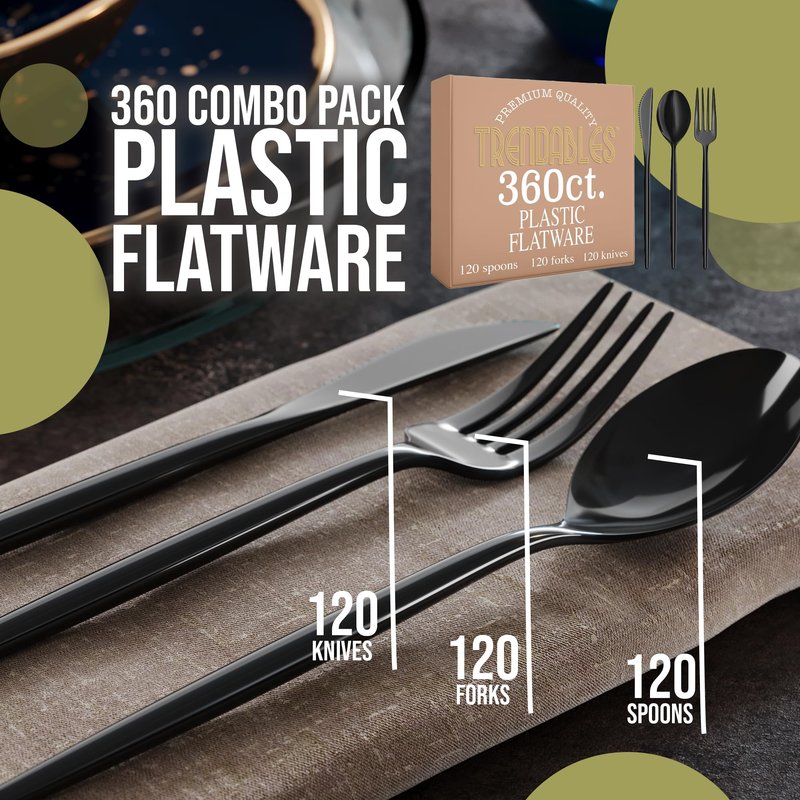 Trendables Black Plastic Silverware Set Black Silverware Disposable Forks and Spoons Disposable 360 Pack Plastic Utensils Set Includes 3 x 120 each Knives & Spoons & Forks For Parties and Events