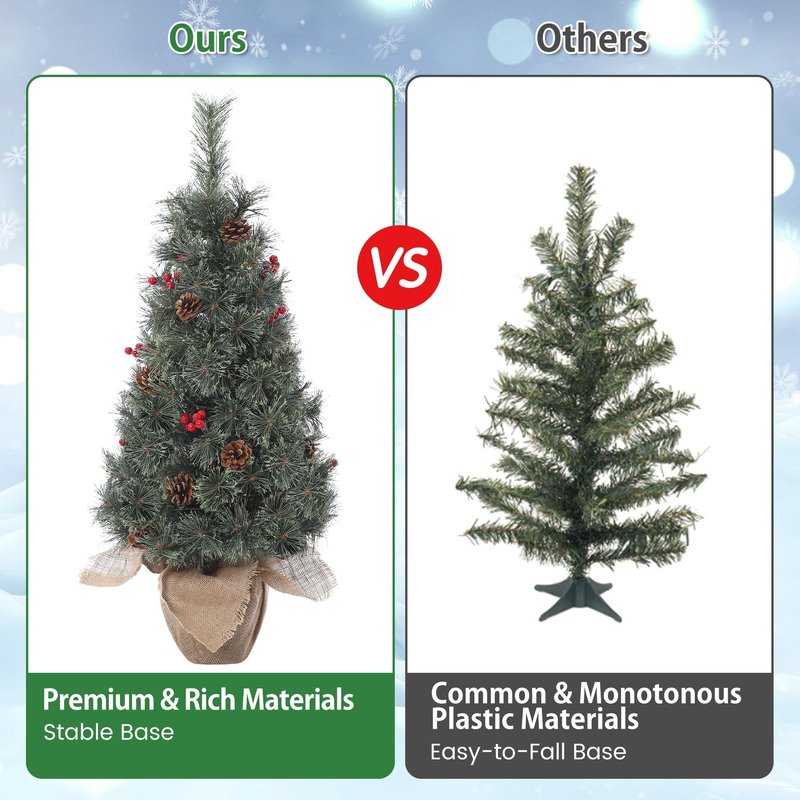 GarveeHome Pre-Lit 3 ft Artificial Mini Xmas Tree, Nordic Spruce Christmas Tree with Led Lights & Burlap Bag Base, Suitable for Tabletop, Office & Home Decoration