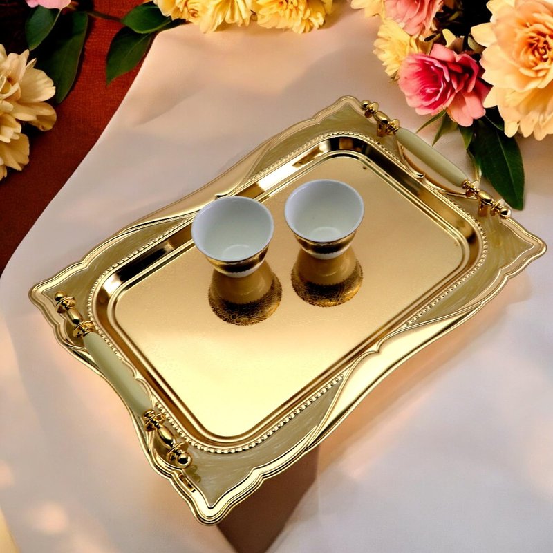 Maro Megastore 14.2 inch x 10.2 inch Rectangular Iron Gold Plated Serving Tray with Handles Floral Amber Edge Decorative Party Candles Birthday Buffet Decor Platter Plate Base Dish FST-024