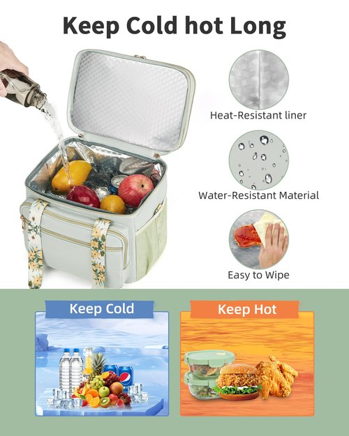 HSHRISH Expandable Lunch Box for Women, Double Deck Large Insulated Lunch Bag Women Leakproof Durable Lunch Cooler Tote Bag, Lightweight Cute Lunchbox for Work Outdoor Travel, Green