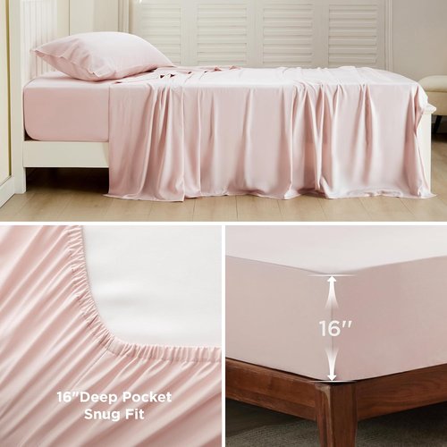 Bedsure Cooling Twin XL Sheets - Breathable Rayon from Bamboo, Soft & Silky, Deep Pocket Up to 16 Inches, Pink