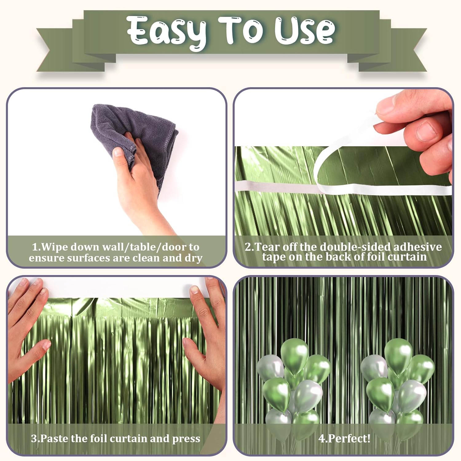 Voircoloria Matte Green Foil Fringe Backdrop Curtains - 3 Pack Tinsel Streamers for Parties & Events