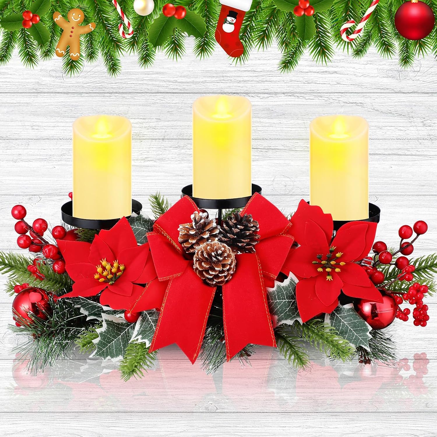 Regine Switzerland Christmas Centerpiece - 3 Candle Holders with LED Candles & String Lights | Poinsettia Red Buffalo Plaid Design
