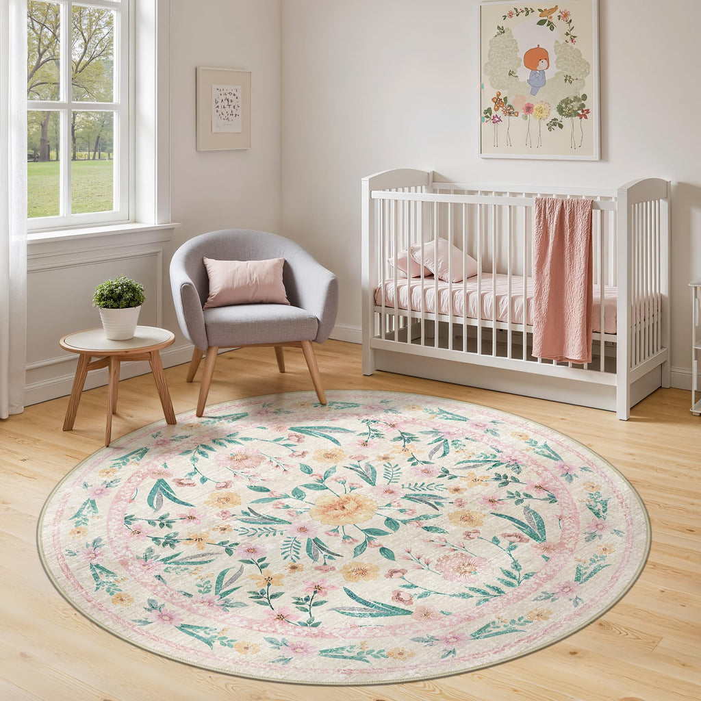 Dadasgk Pink Floral Round Rug 5ft, Washable Boho Circle Area Rug for Girls Bedroom, Soft Non-Slip Botanical Carpet for Nursery, Kids Room, or Living Room
