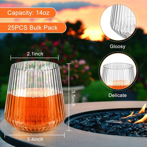 Denylo pro 50 Pcs 14 OZ Plastic Ribbed Wine Glasses Disposable Clear Wine Glasses Recyclable Shatterproof Reusable Plastic Cups for Party Home Bars Wedding Tasting Favors