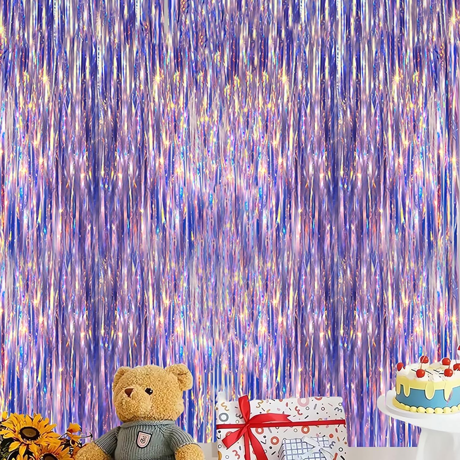 Skiennix Iridescent Fringe Backdrop - 3.28x6.56 Ft Purple Foil Curtain | Mermaid Party Decor & Streamers
