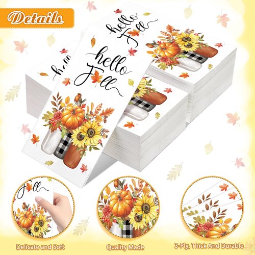 100 Pcs Fall Paper Napkins Thanksgiving Guest Napkin 3 Ply Pumpkin Paper Napkin Hello Fall Disposable Hand Towels Decorative Hand Paper Towel for Autumn Harvest Party, 13 x16 Inch