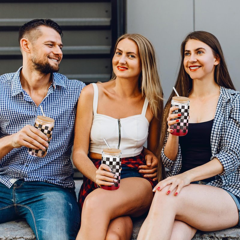 Yetene 12 Set 16oz Checkerboard Glass Cups with Bamboo Lids and Straws White Black Checkered Flag Glasses Tumblers Ice Coffee Cup for Racing Car Christmas Party Drink Decoration Gifts for Women
