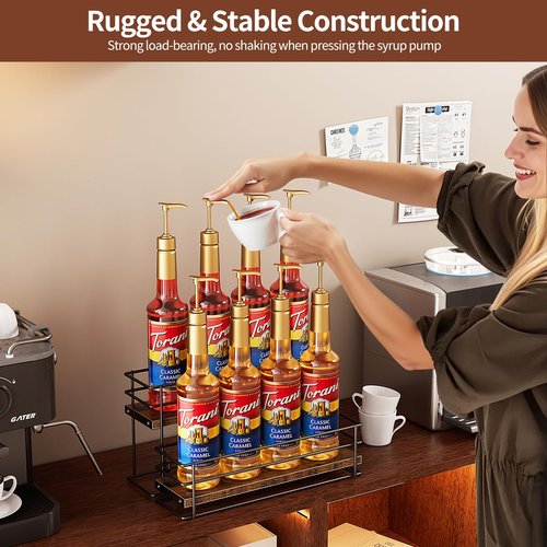 Nuovoware Coffee Syrup Organizer, 2-Tier 8 Bottles Organizer, Separable Metal Rack with Wooden Base Whiskey Wine Dressing for Countertop Kitchen Bar, Black