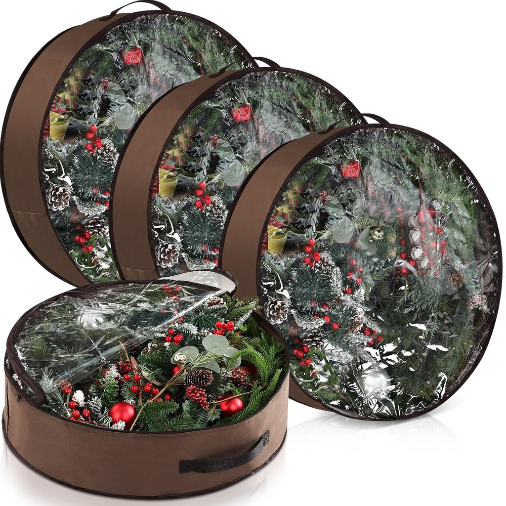 Regine Switzerland 36-Inch Wreath Storage Container - 4 Pack with Clear Window & Dual Zipper, Brown
