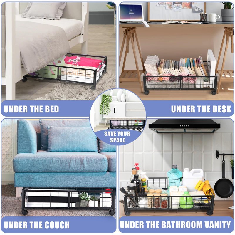 Kmise Underbed Storage With Wheels,Metal Under Bed Storage Containers For Bedroom Clothes Blankets Toy Book Bedding Shoes Storage Organizer (4 Pcs, Black)