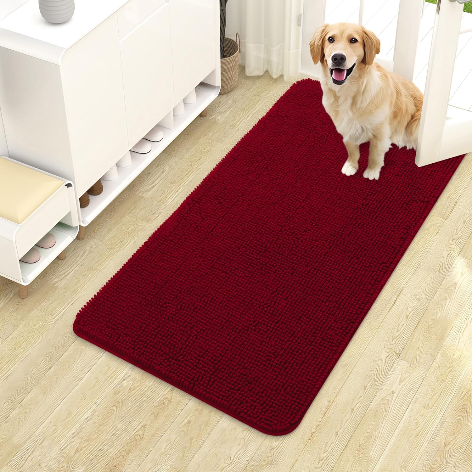OLANLY Dog Door Mat - Absorbent Non-Slip Washable Chenille Mat for Muddy Paws | 40x24 Red