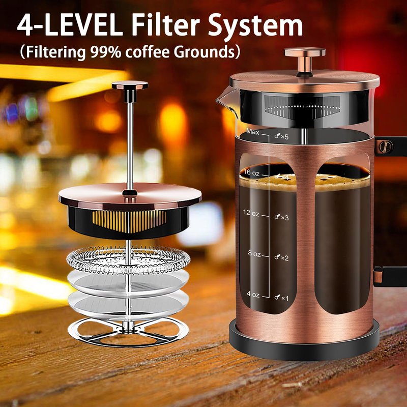 YMMIND French Press Coffee Maker (21oz 600ML 3-4Cup) Coffee Press, with 4 Filters System, Heat Resistant Thickness Borosilicate Glass, Cold Brew Coffee Tea Pot Gifts (Copper)