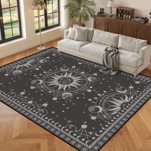 5' X 7' Sun and Moon Rug Boho Celestial Area Rugs for Bedroom Dorm Living Room Bohemian Occult Crescent Solar Stars Galaxy Floor Mat Pad Doormat Carpet,150 X 210cm,Tundora