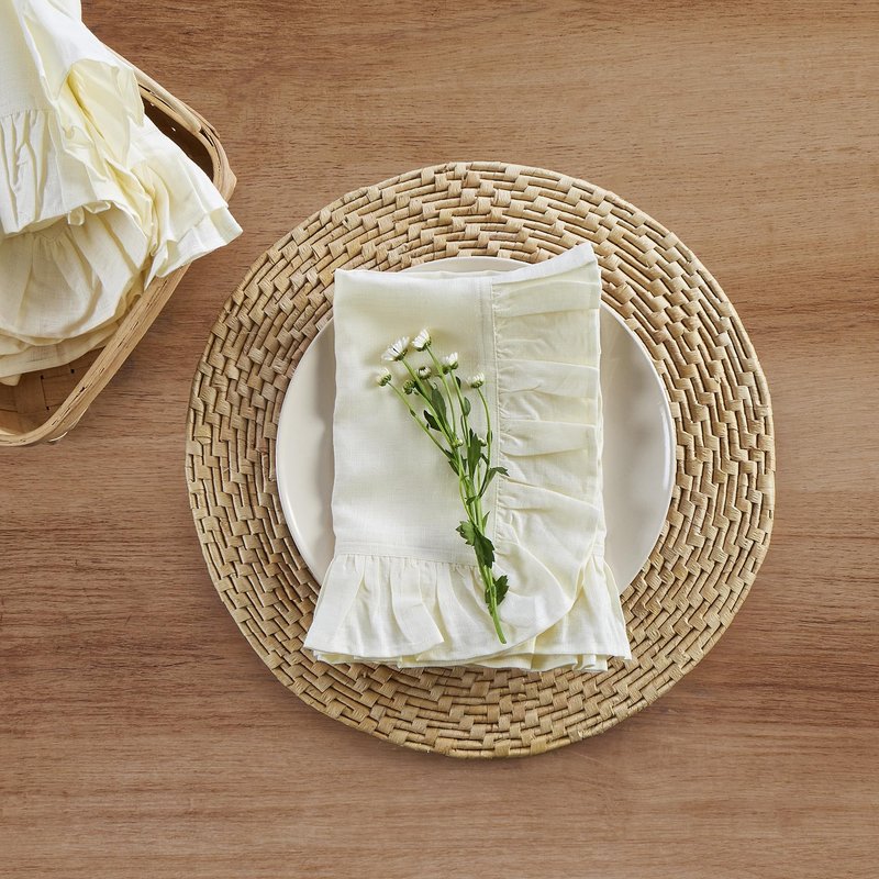Solino Home Linen Ruffle Cloth Napkins Set of 4-100% Pure Linen Ivory Dinner Napkins 20 x 20 Inch for Spring, Summer, Mothers Day - Gabrielle Ruffle, Handcrafted and Machine Washable