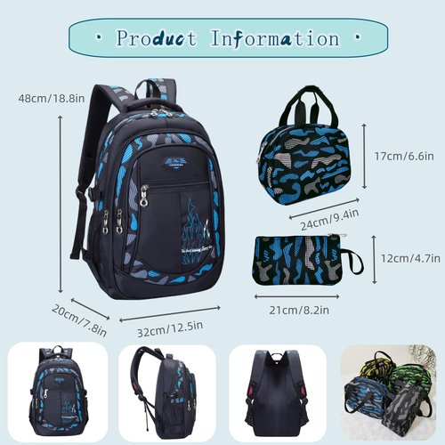 3Pcs Camo-Print Primary School Backpack and Lunch-Bag Set for Boys Camouflage Elementary Bookbag Rucksack Waterproof