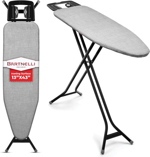 Bartnelli Ironing Board - Extreme Stability with Heavy-Duty Metal Frame | Height Adjustable, 43x13 Inches, 100% Cotton Cover