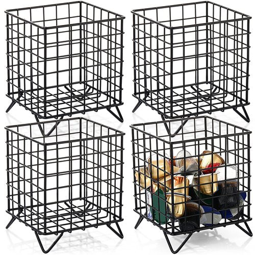 Zubebe 4 Pcs Coffee Pod Holder Large Capacity Coffee Pod Basket Wire Organizer Capsule Cages Metal Storage Capsule Basket, 5.3 x 5.3 x 6.3 In (Black)