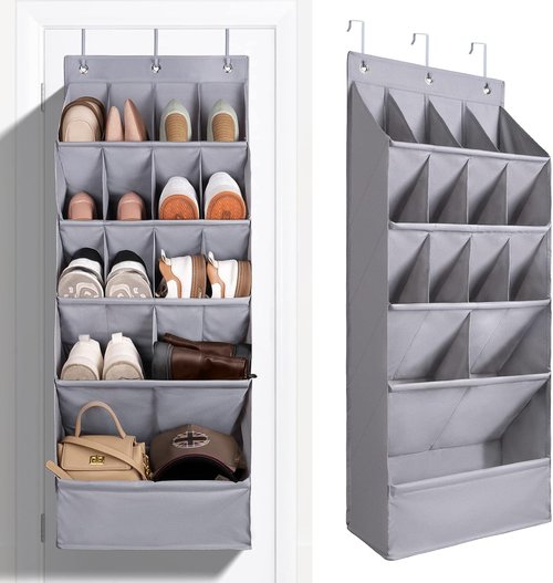 FENTEC Over-the-Door Shoe Organizer - 15 Pocket Hanging Rack for Closet | Gray Storage Solution
