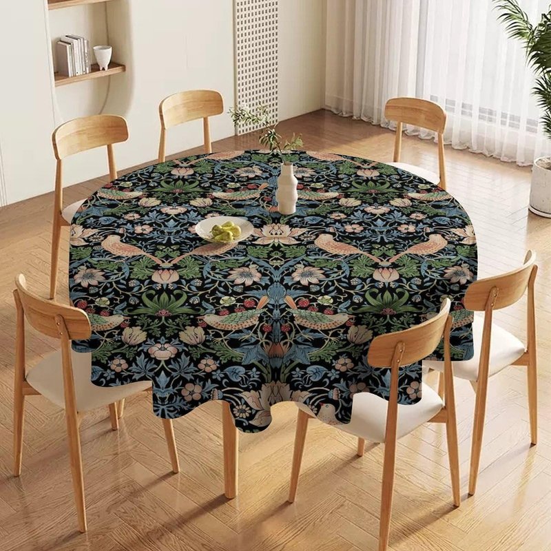William Morris Floral Tablecloth,Flower Strawberry Birds Retro Boho Botanical Plant Table Cover, Water Resistant Wipeable Tablecloths for Kitchen Dinning Room Decor, 60"