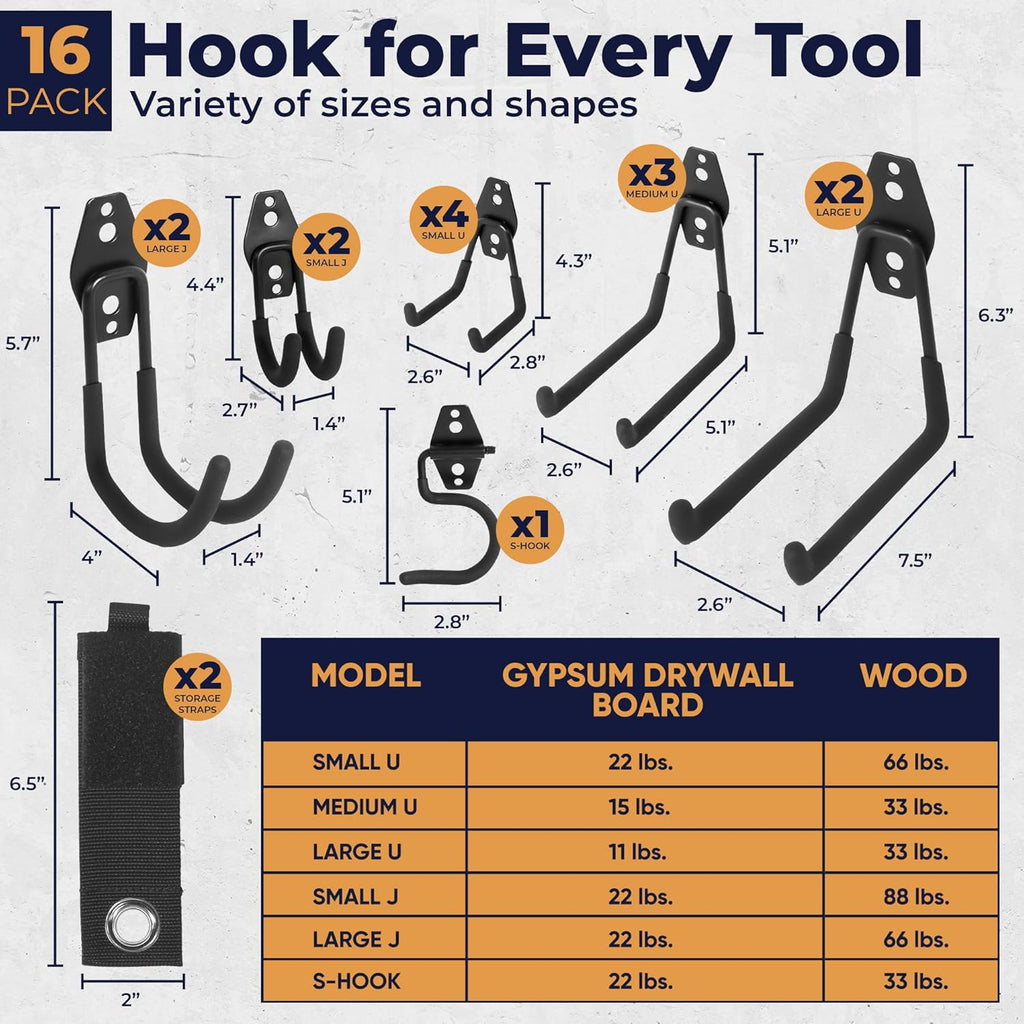 Steel Heavy Duty Garage Hooks - 16 Pack Anti-Slip Wall Mount Organizer for Tools, Bikes & Ladders