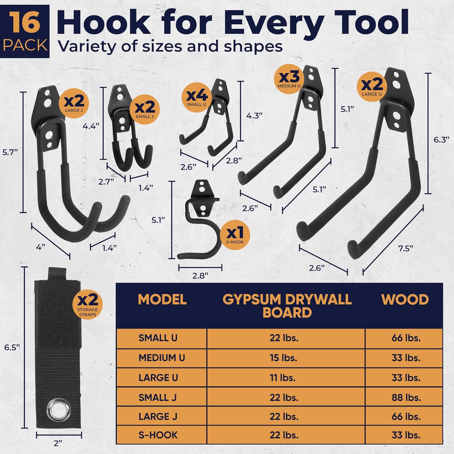 Steel Heavy Duty Garage Hooks - 16 Pack Anti-Slip Wall Mount Organizer for Tools, Bikes & Ladders
