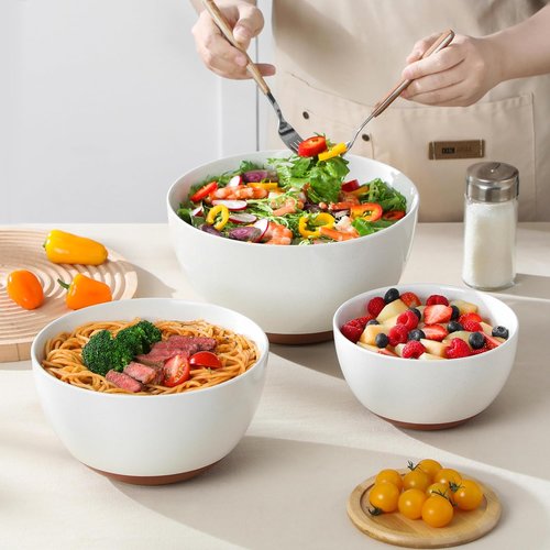 MALACASA Ceramic Mixing Bowls Set - Large Nesting Bowls for Cooking & Baking | 3 Sizes, Oven & Microwave Safe