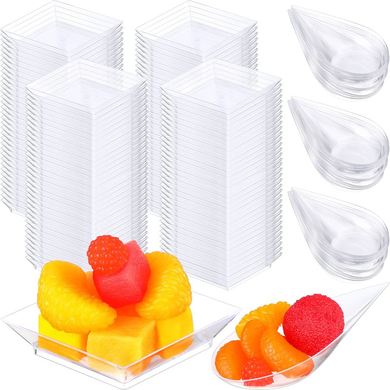 Rozer 200 Pcs Mini Appetizer Plates and Tear Drop Spoons for Weddings Party 2.5 x 2.5 Inches 4 x 2 Inches Plastic Mini Dessert Plates Disposable Appetizer Spoons (Transparent)
