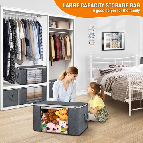Budding Joy | Foldable Large Blanket Storage Bags - 60L Capacity, 6-Pack, Gray | Ideal for Clothes, Toys & More